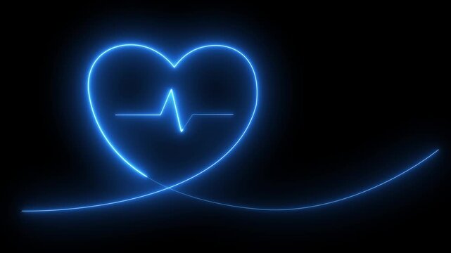 Red color neon  love hearts concepts. Valentine's Day indicate. Love One line drawing concept. love card icon. Bright glowing neon valentines love heart symbol animation with inside heartbeat, pulse 