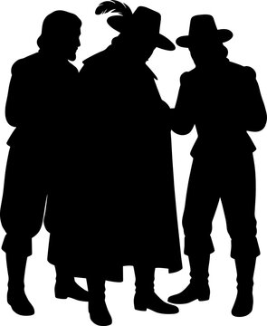 Three european musketeer gentlemen in hats and capes stand talking in historical group