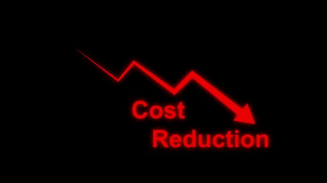 Cost reduction icon with down arrow for budget management and cost management. A downward arrow, representing cost reduction and financial efficiency. decreasing costs and quality control concept. 