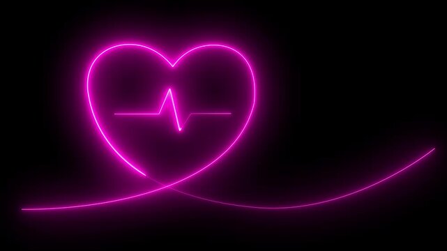 Red color neon  love hearts concepts. Valentine's Day indicate. Love One line drawing concept. love card icon. Bright glowing neon valentines love heart symbol animation with inside heartbeat, pulse 