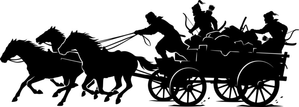 Ancient horse archers ride wooden chariot wagon during fast desert military charge expedition