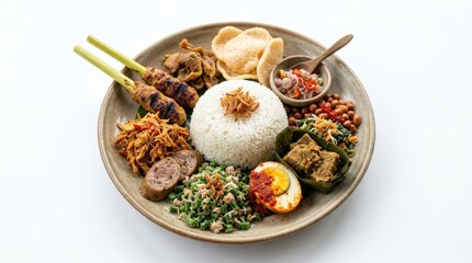 Fototapeta premium Delicious and colorful Indonesian Nasi Campur served on a round plate with rice, satay, and various side dishes