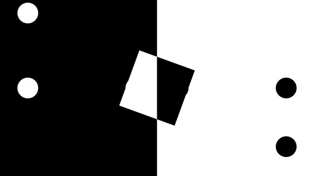 Seamless looping 2D animation of minimalist black and white geometric shapes and red dots transforming in a hypnotic avant-garde optical illusion.