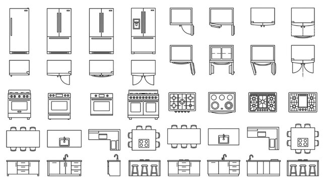 Kitchen Appliances and Furniture Icons Vector Set with Top View Refrigerator, Stove Ovens, Cooktops, Sinks, and Dining Tables for Interior Design Floor Plan Layout isolated on white background