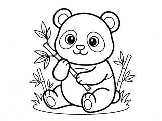Obraz premium Cute cartoon panda sitting and holding bamboo coloring page