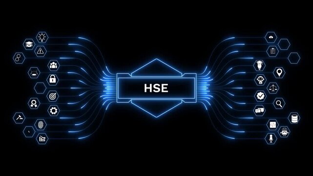 Operational HUD animation presenting HSE intelligence with risk control indicators, environmental safety mapping, hazard prevention workflow, and safety analytics systems.