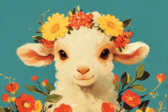 Vintage postcard illustration of an adorable lamb wearing a flower crown. Cute farm animal surrounded by colorful spring blossoms. Retro artistic style for Easter greeting cards.