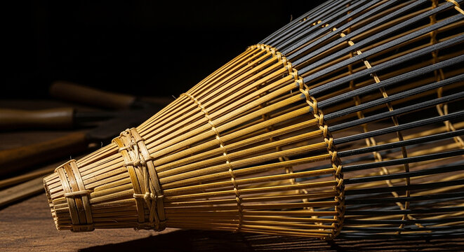 Handmade Bamboo Fish Trap Close-up on Rustic Wooden Surface