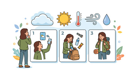 Fototapeta premium Woman preparing for outdoor activity checking weather packing gear