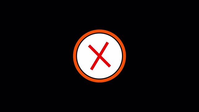 Animation of a red x mark inside a round circle button on black background