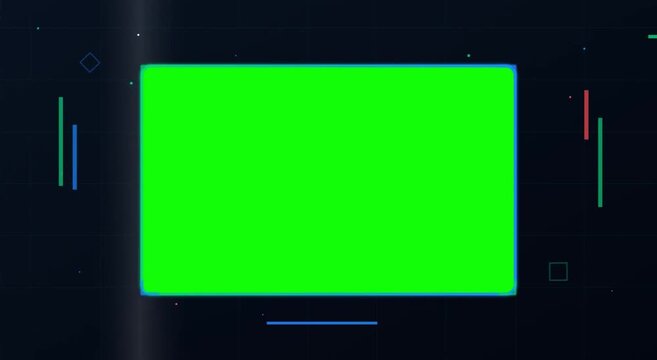 Futuristic green screen placeholder with digital glitch effects, high-tech chroma key frame for video editing, cyber aesthetic display screen