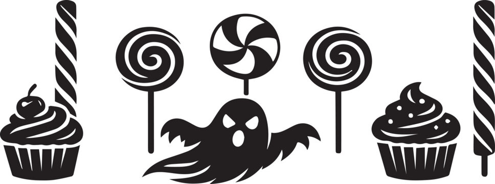 Halloween ghost with cupcakes and lollipops black icon set Vector, illustration