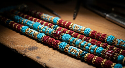 Obraz premium Handcrafted Beaded Necklaces with Turquoise and Red Beads on Wooden Surface