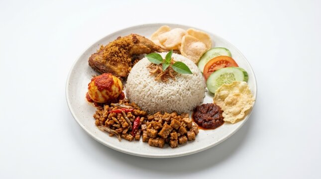 Delicious Indonesian nasi campur served on a white plate with fried chicken, tempeh, vegetables, and crackers