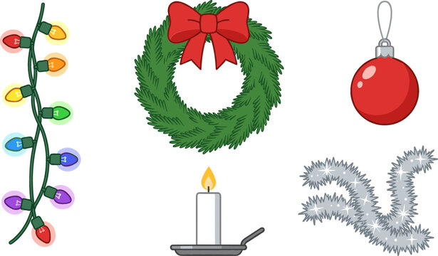 Christmas Decoration Vector Icon Set Featuring Colorful String Lights Green Wreath with Red Bow Bauble Ornament Candle and Silver Tinsel Garland
