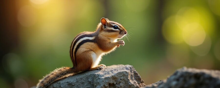 Small chipmunk sits on rock in sunlit forest. Furry rodent with striped back looks alert. Cute wild animal pauses in nature. Green blurred background.