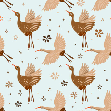 Hand drawn different plants and flowers, cute birds on blue background
