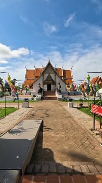 Landscape of Ancient Wat Phumin is Famous  Temple at Nan Province, Thailand , Dolly in Footage Travel Sculpture and Religion in Buddha Temple