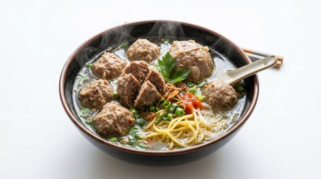Delicious steaming bowl of Indonesian bakso soup with noodles and fresh herbs, a savory comfort food dish
