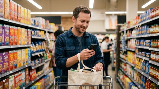 adult male shopper modern retail technology checking app grocery bag
