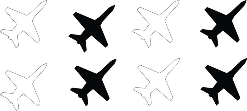 Military fighter jet airplane silhouette and outline icons set with supersonic aircraft bomber air force and aviation design elements vector