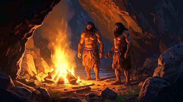 Two ancient men stand by a bright fire inside a cave