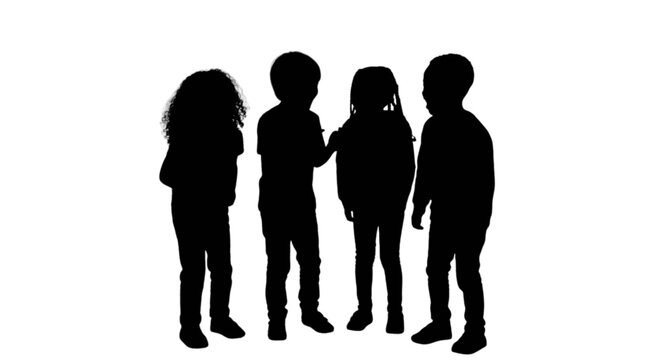 Four silhouetted children standing together isolated on transparent background, Vector