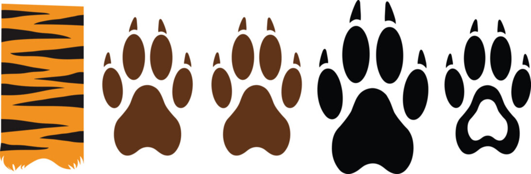 Tiger paw print vector set with wild animal claw marks predator footprints and orange striped fur texture pattern