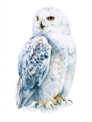 Obraz premium Snowy owl is perched in a snowy environment with soft colors and delicate details of feathers on its body