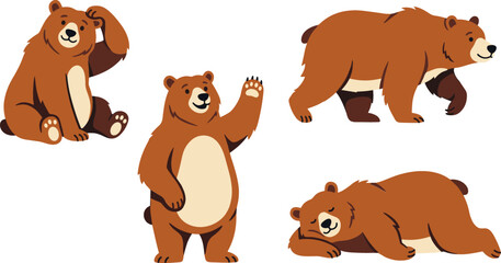 Fototapeta premium Cute Brown Bear Character Vector Set Featuring Various Poses Sitting Waving Standing Walking and Sleeping for Woodland Nature Kids Graphic Designs