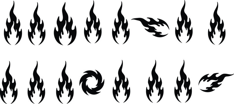 Black fire flame silhouette icons set with burning campfire shapes tribal hot rod graphics and fireball design elements vector