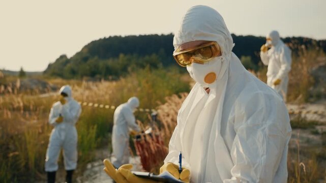 Conducting a detailed environmental investigation while wearing protective gear and equipment