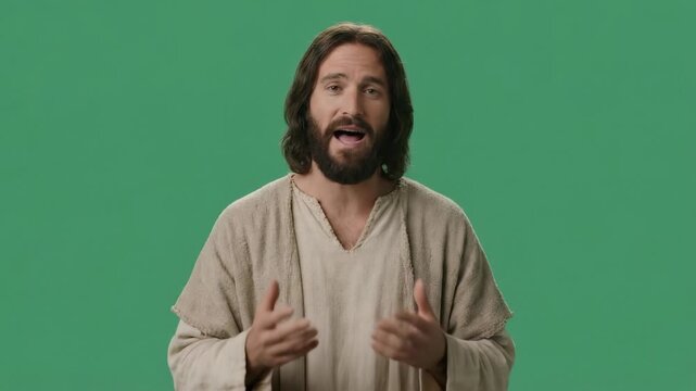 Jesus Christ speaking to camera against green screen background for video production featuring man with long brown hair and beard dressed in traditional robe gesturing during religious presentation