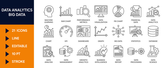 Naklejka premium Data analytics icon set featuring big data icons data visualization, machine learning, statistics, database management, performance metrics, business intelligence, data processing, financial data.