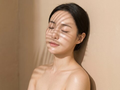 Serene Young Asian Woman with Palm Leaf Shadow on Face Leaning Against Beige Wall
