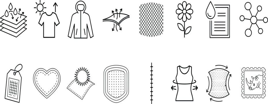 Textile fabric property line art icons set with breathable waterproof elastic durable and uv protection garment characteristics vector