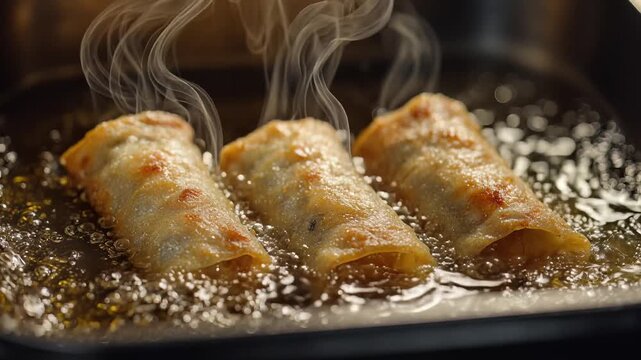 Golden Spring Rolls Frying in Hot Oil, Bubbling and Sizzling, Steaming, Close-up Cinematic Shot, Representing Delicious Cuisine and Culinary Preparation