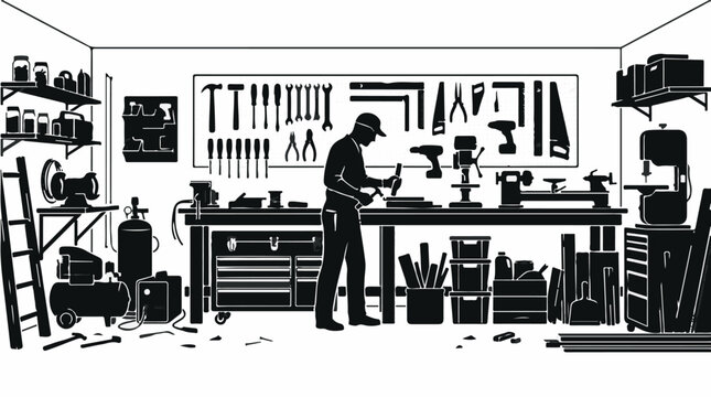 Mechanic working on car engine in cluttered garage workshop with tools and equipment, industrial workspace scene