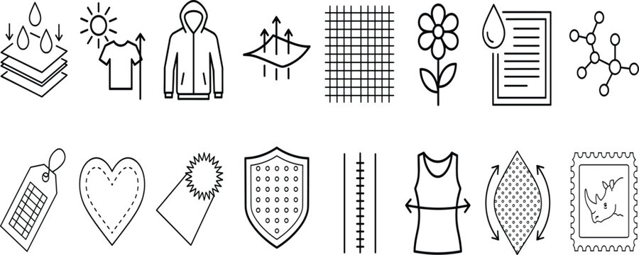 Textile fabric property line art icons set with breathable waterproof elastic durable and uv protection garment characteristics vector