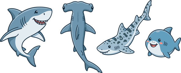 Cute Cartoon Shark Character Set Featuring Great White Hammerhead Spotted Leopard and Chibi Baby Shark Species for Marine Life Graphic Designs © Borsha