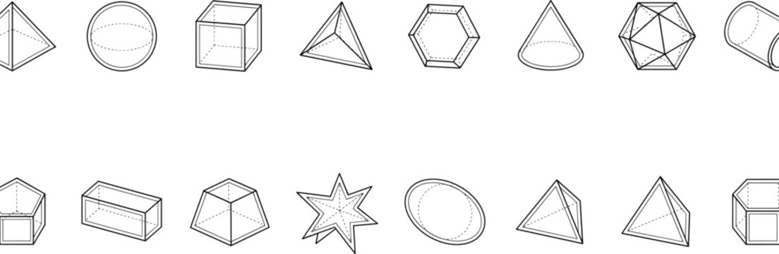 3D geometric shapes line art icons set with cube sphere cone cylinder pyramid prism mathematical wireframe forms vector