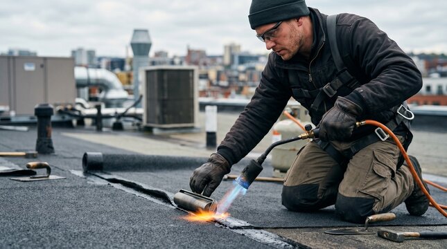 roofer applying torch bitumen membrane flat roof repair waterproofing
