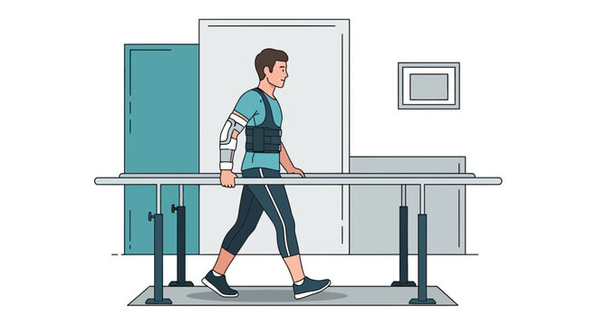 Man with Exoskeleton Walking in Rehabilitation Gym with Parallel Bars