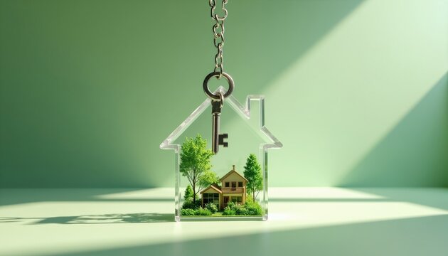 Clear house shape with key hanging inside. Miniature home model with green trees and bushes sits within the house. Concept of eco-friendly housing and property ownership.