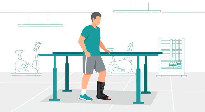 Man with Foot Cast in Physical Therapy Gym