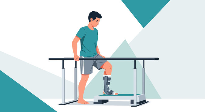 Man with leg cast doing physical therapy on parallel bars, rehabilitation after injury