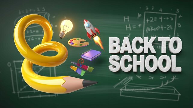 Bright yellow pencil twisting near a rocket and lightbulb against a green chalkboard celebrating the back to school season