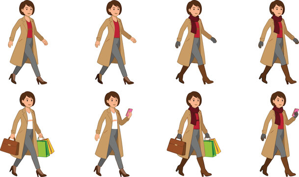 Flat vector illustration of a modern woman walking in autumn or winter fashion outfits with long coat scarf shopping bags smartphone and briefcase variations.