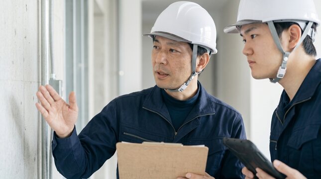 建設現場で壁面状態の品質管理とOJTを行う日本人男性の現場監督と若手社員