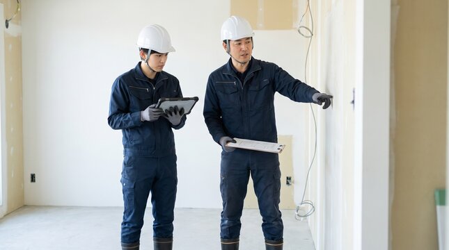 建設現場の室内で壁下地の品質管理を行う日本人男性の現場監督とOJT中の若手社員